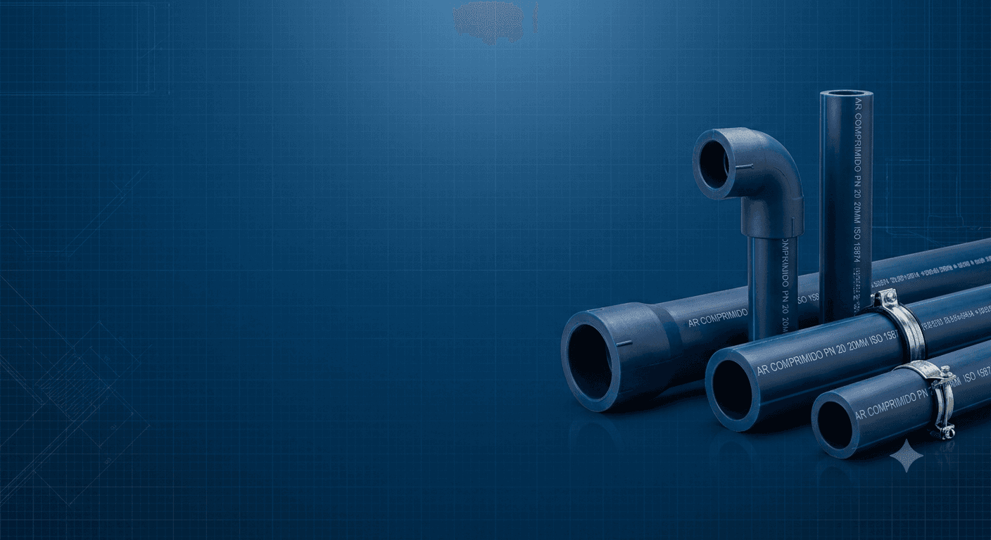 Tubos, curva e conexões PPR AZUL Odin com abraçadeiras, específicos para redes de ar comprimido